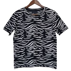 Premise New Womens Black White Zebra Knit Short Sleeve Sweater Shirt Size Small